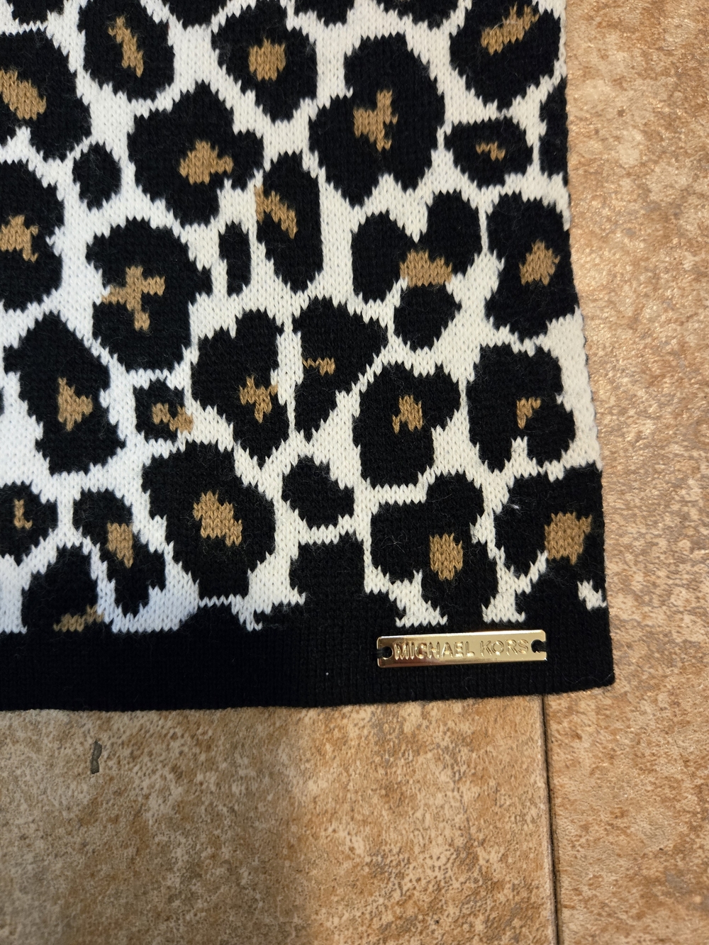 Michael Kors Leopard-Print Knit Scarf in Black, White & Tan - Picture 2 of 4